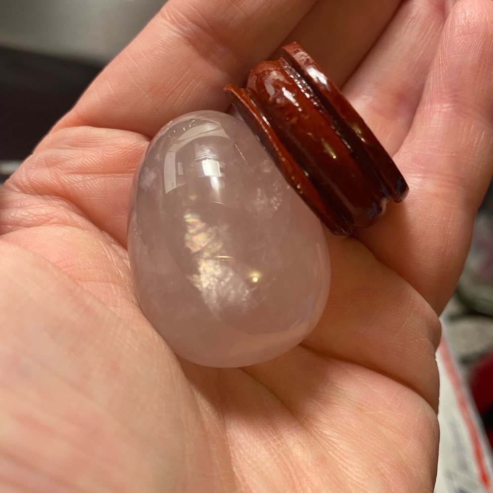 Rose quartz egg with holder